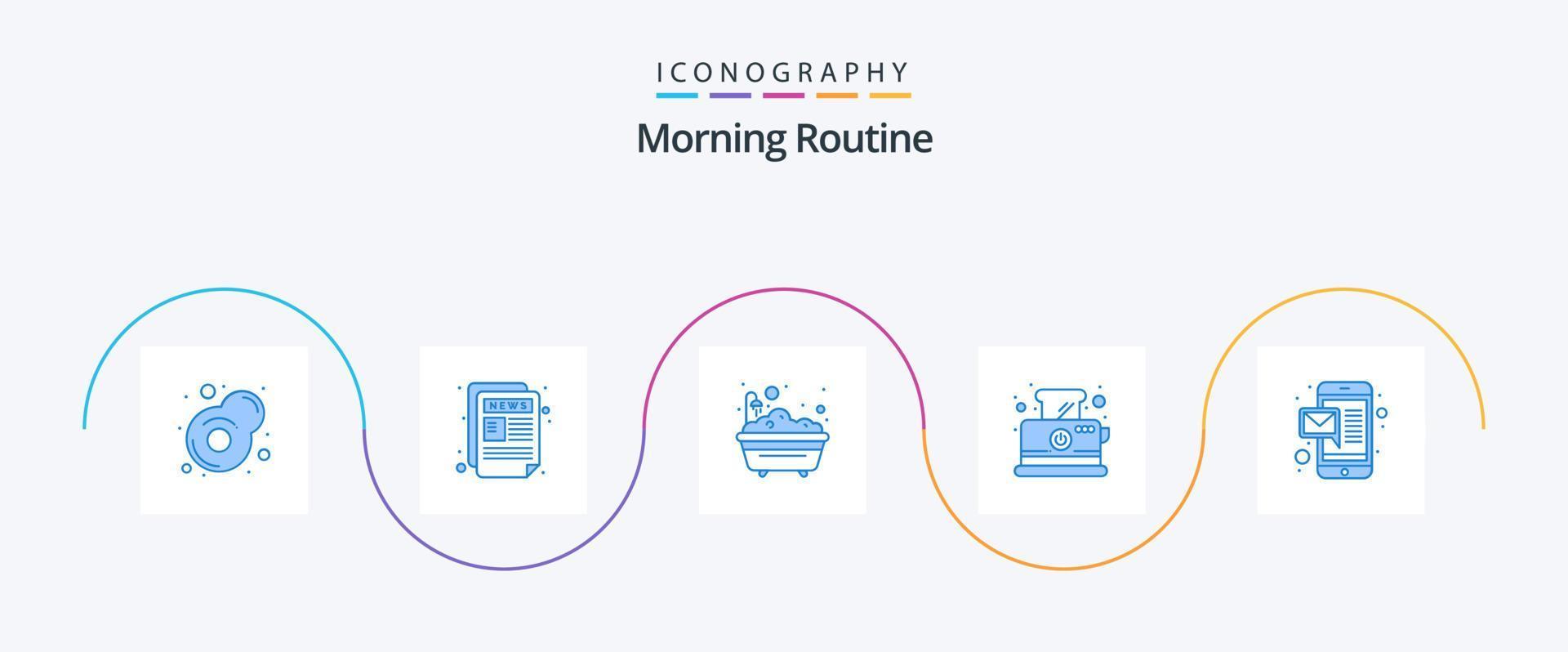 mattina routine blu 5 icona imballare Compreso mobile. e-mail. vasca da bagno. prima colazione. crostini vettore