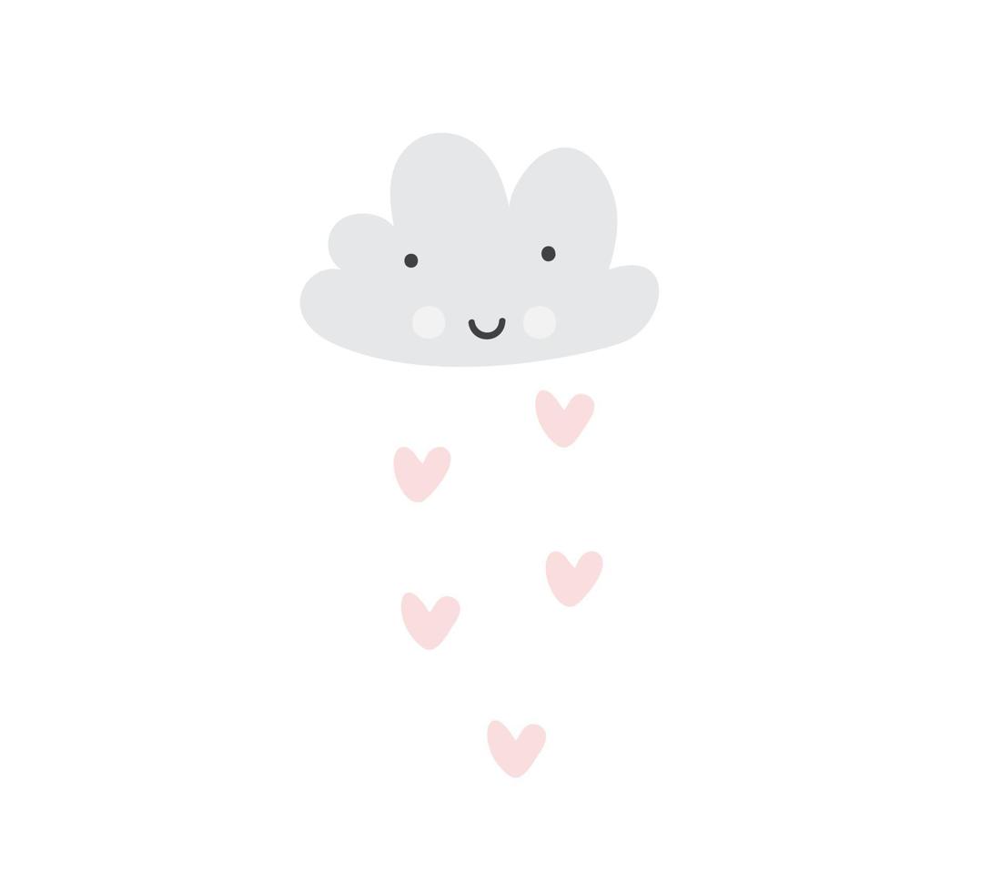 illustrazione di cartone animato vettoriale con nuvola addormentata carina e pioggia di cuori. arte della scuola materna in stile scandinavo. carta di San Valentino