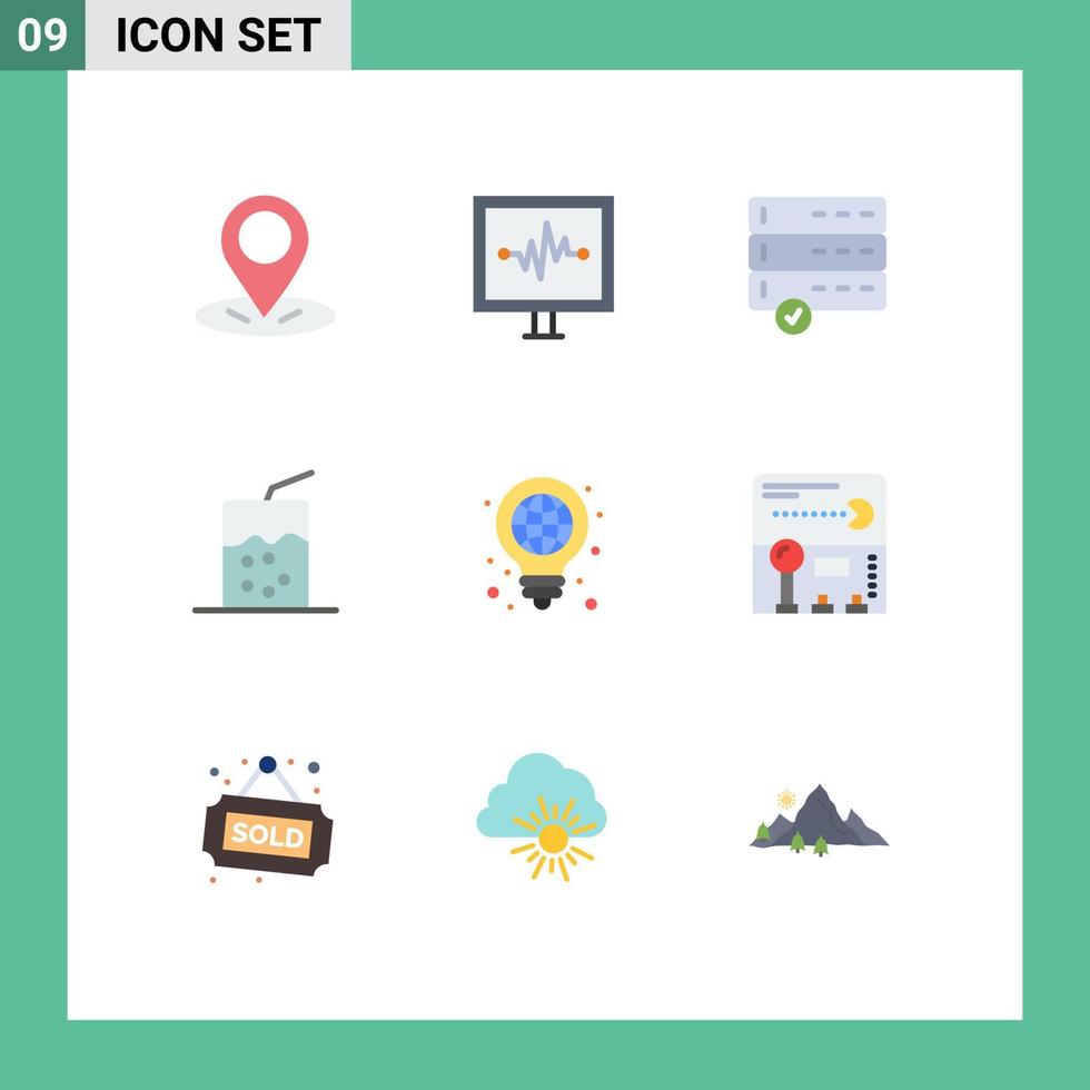 9 piatto colore concetto per siti web mobile e applicazioni penna globo dati lampadina bibita modificabile vettore design elementi