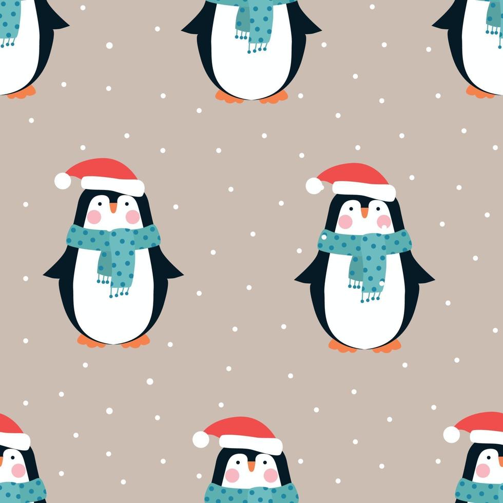 Seamless pattern di Natale di pinguini in cappello rosso. vettore