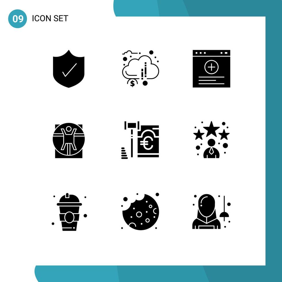 gruppo di 9 solido glifi segni e simboli per sicurezza GDPR del browser scansione uomo modificabile vettore design elementi