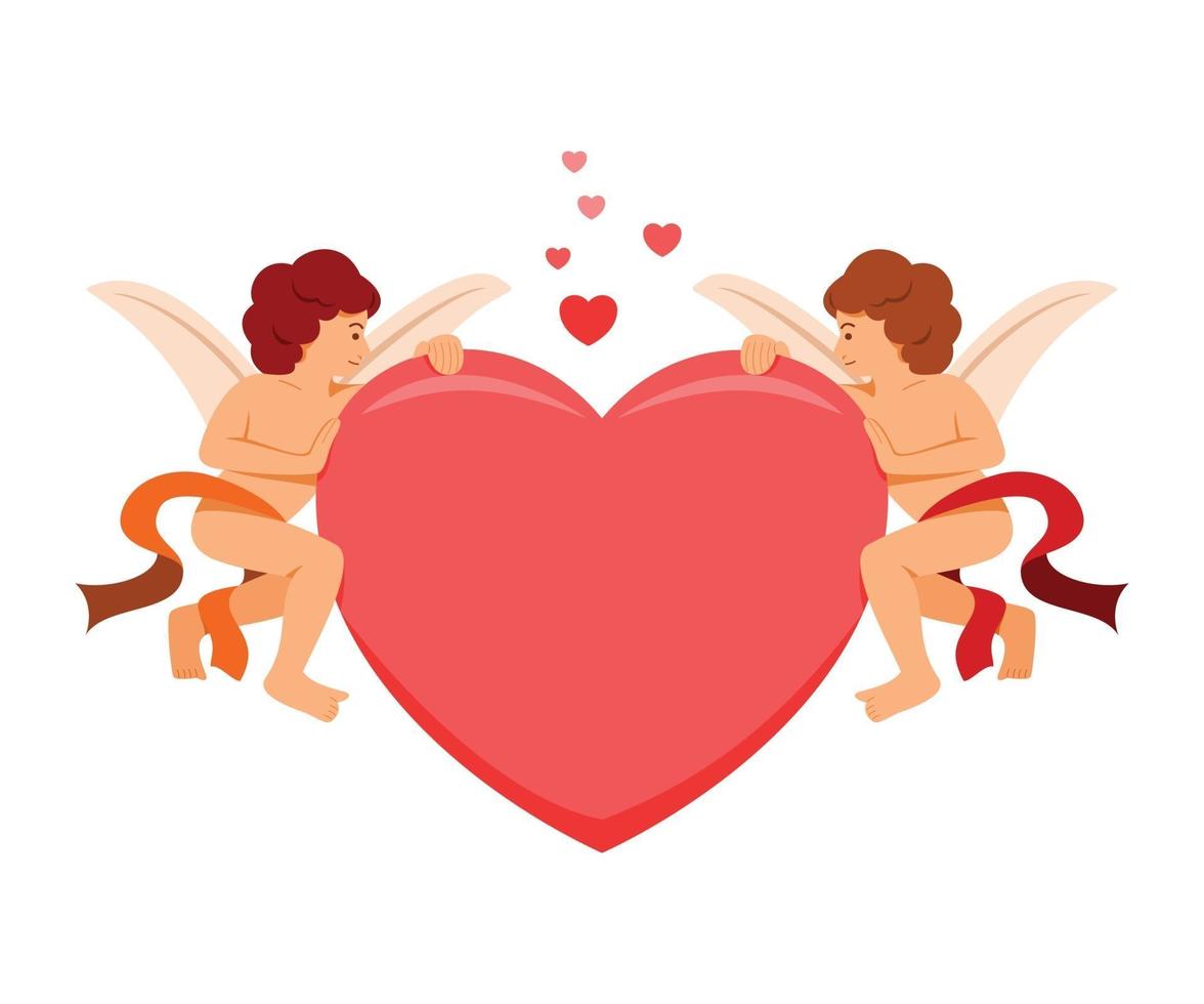 l'angelo duo tiene un grande cuore per la decorazione di San Valentino. vettore