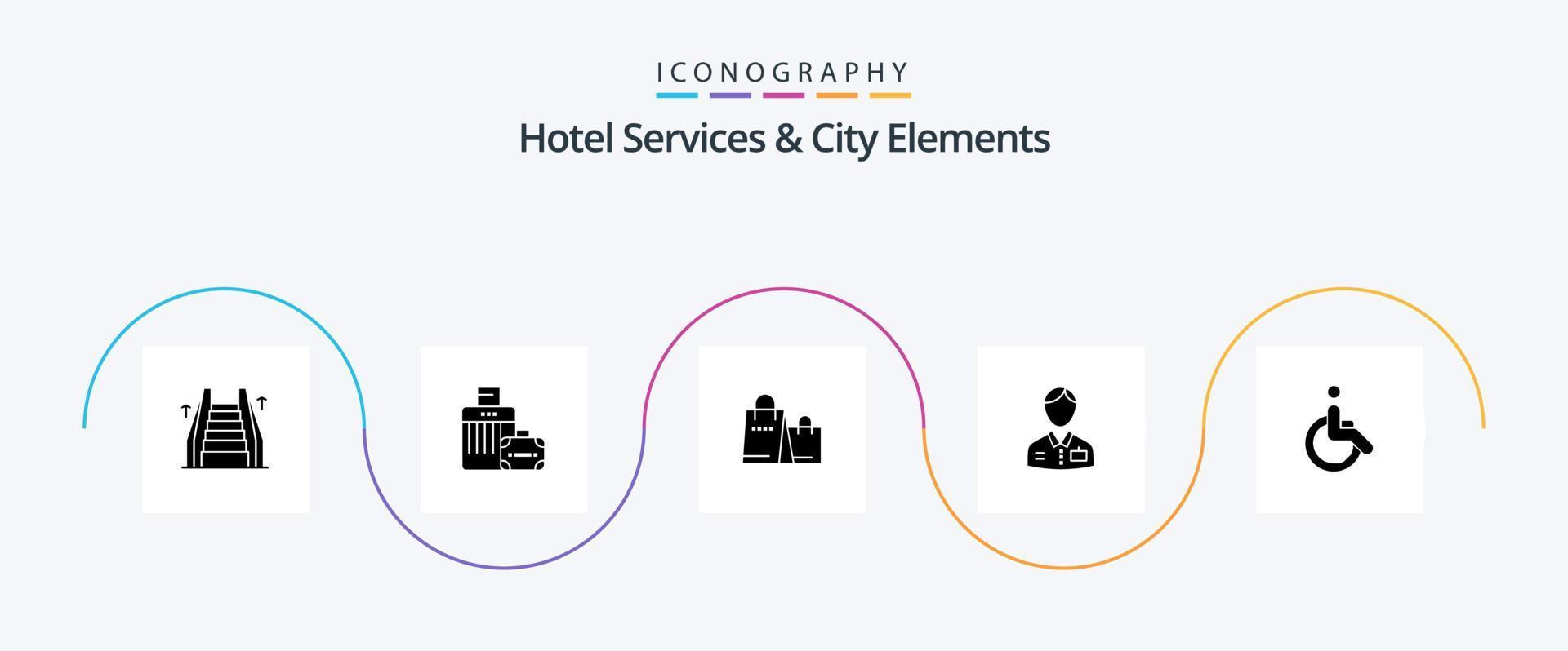 Hotel Servizi e città elementi glifo 5 icona imballare Compreso sedia a rotelle. Hotel. Borsa . portiere. fattorino vettore