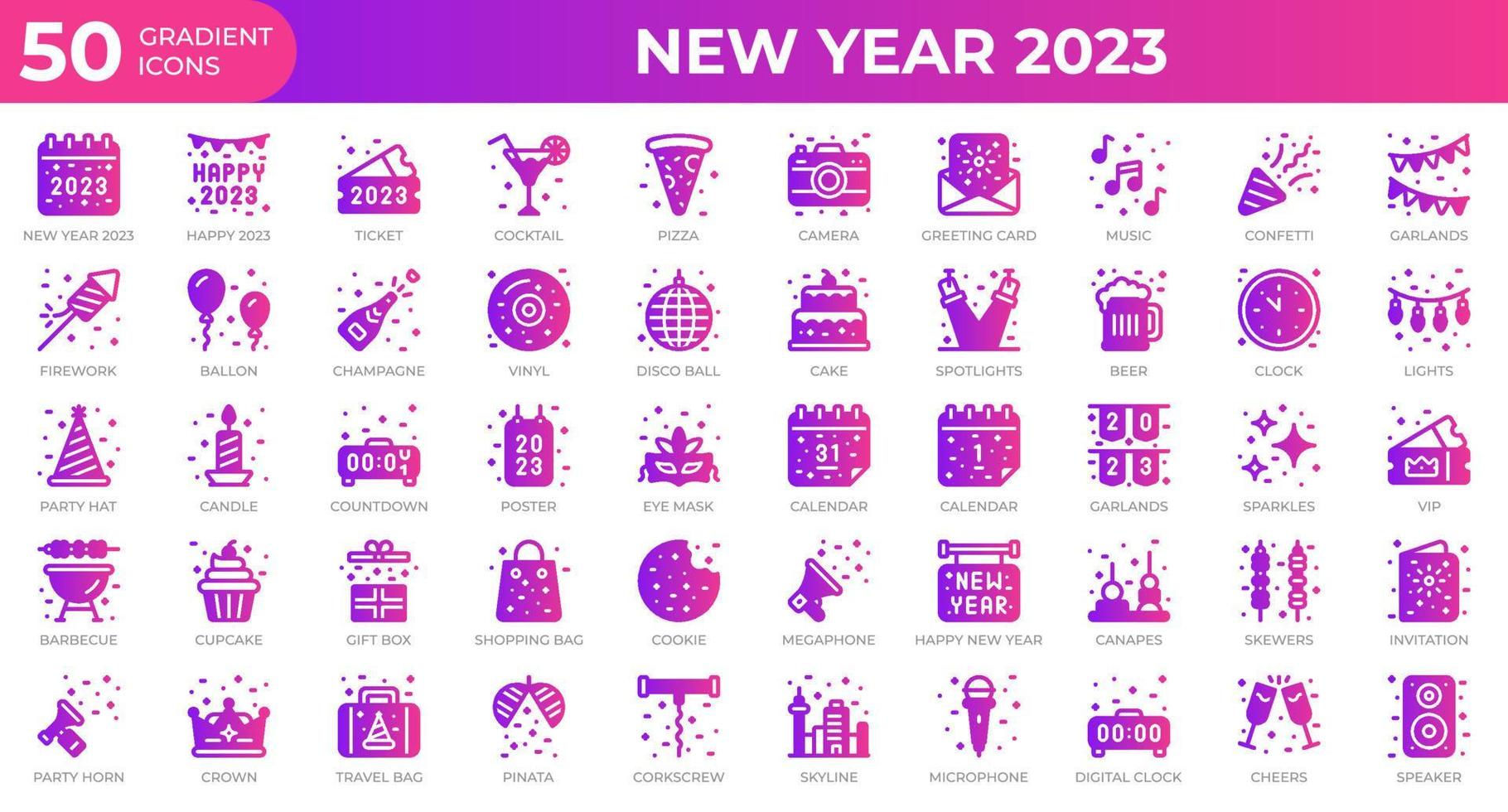 nuovo anno 2023 icone nel pendenza stile. calendario, coriandoli, Pizza. pendenza icone collezione. vacanza simbolo. vettore illustrazione