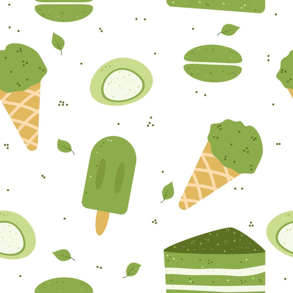 impostato di diverso gustoso matcha cibo illustrazione. vario matcha tè prodotti. mochi, macarons, tè pentola, torta, tè foglie, gelato, bolla tè. vettore