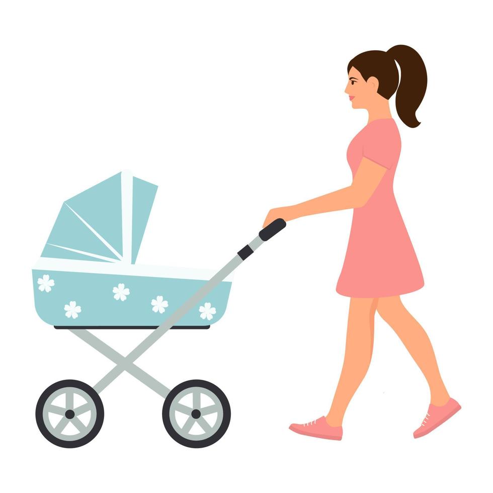 mamma ruotando passeggino. donna a piedi con bambino carrozza.vettore illustrazione isolato su bianca sfondo vettore