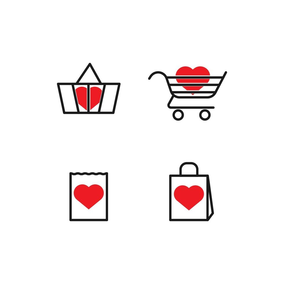 icone dello shopping online con carrello, borsa regalo e icona del cuore. articoli preferiti. vettore