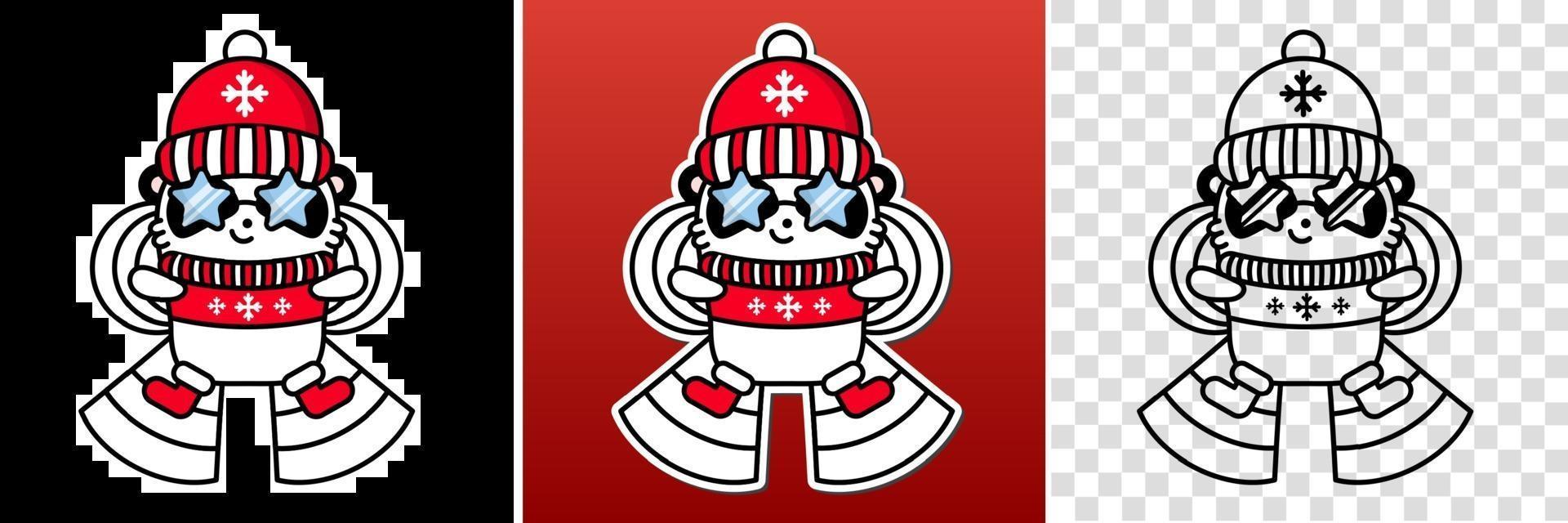 set panda kawaii babbo natale. simpatico orso felice vettoriale in cappello di Natale fa un angelo nella neve. illustrazione di stile lineare su uno sfondo bianco. adesivo, stampa per colorare.