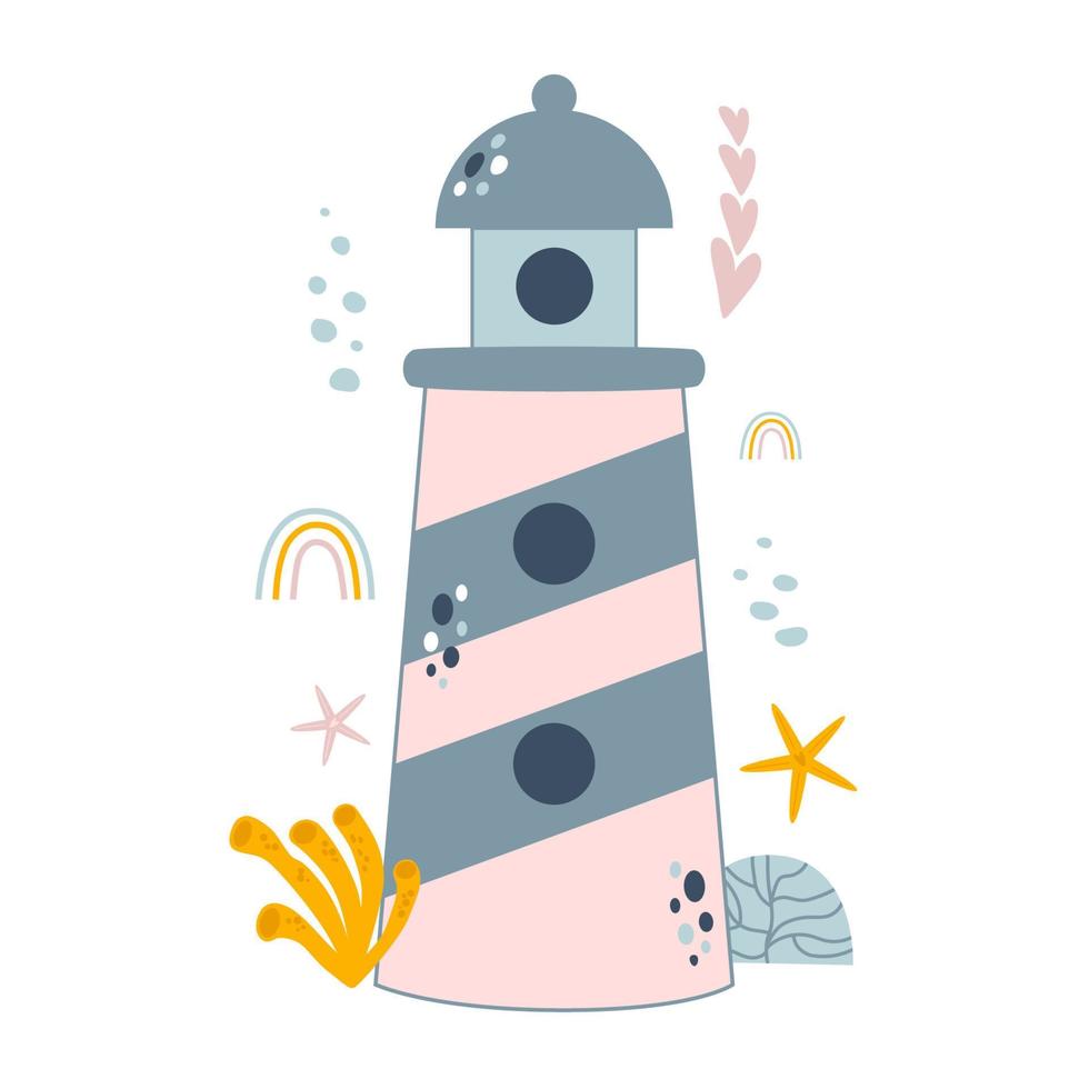 bambini faro carino illustrazione. estate nautico design manifesto con carino mare faro. bambino ragazza Fata elemento nel vettore. oceano Stampa, stella pesce, subacqueo vita, cartone animato stile, grigio rosa colori. vettore