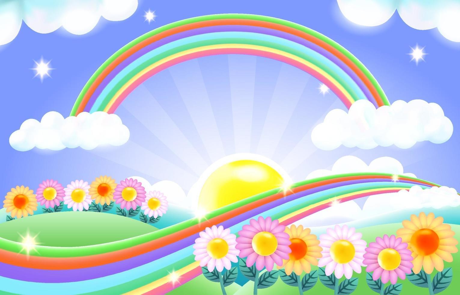 sfondo colorato arcobaleno luminoso con illustrazione di campo di fiori vettore