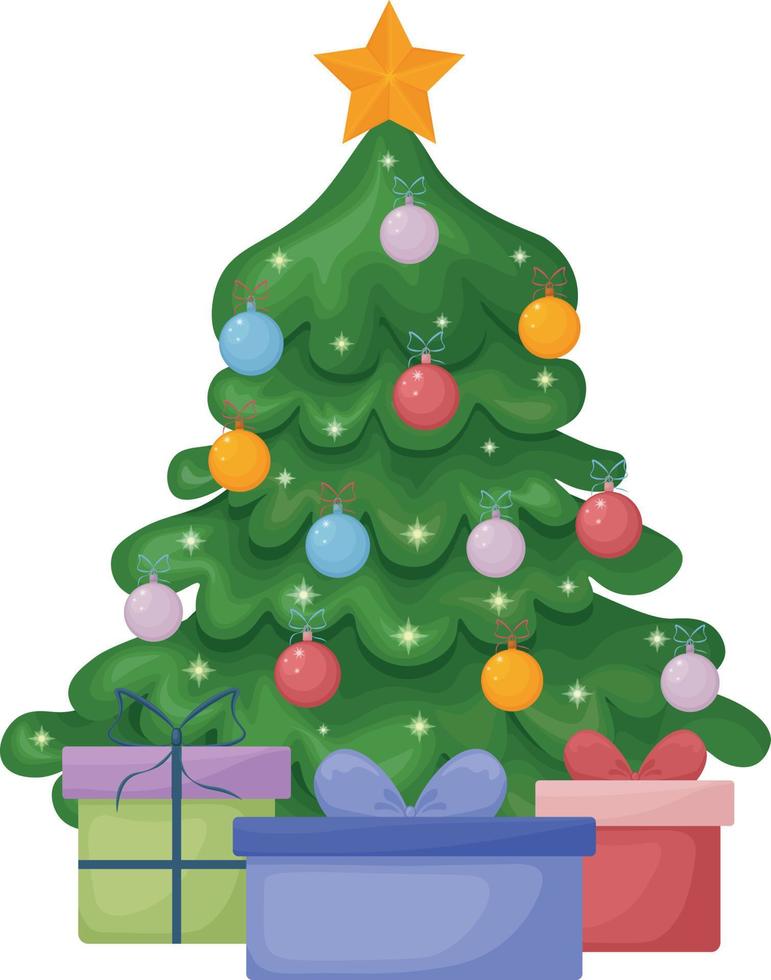 Natale albero. un' luminosa Natale albero decorato con colorato palloncini, i regali siamo dire bugie sotto il albero. scatole con i regali. vettore illustrazione isolato su un' bianca sfondo