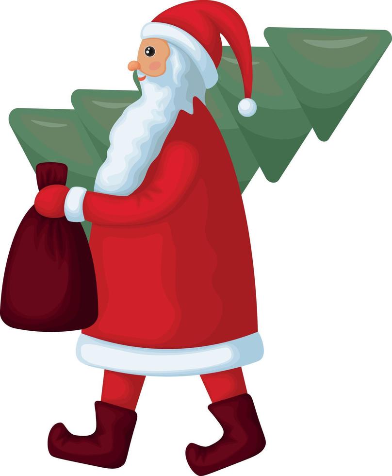 Santa claus. carino cartone animato Santa Claus è trasporto un' Natale albero. Santa Claus con un' Natale albero e un' Borsa di i regali. vettore illustrazione isolato su un' bianca sfondo