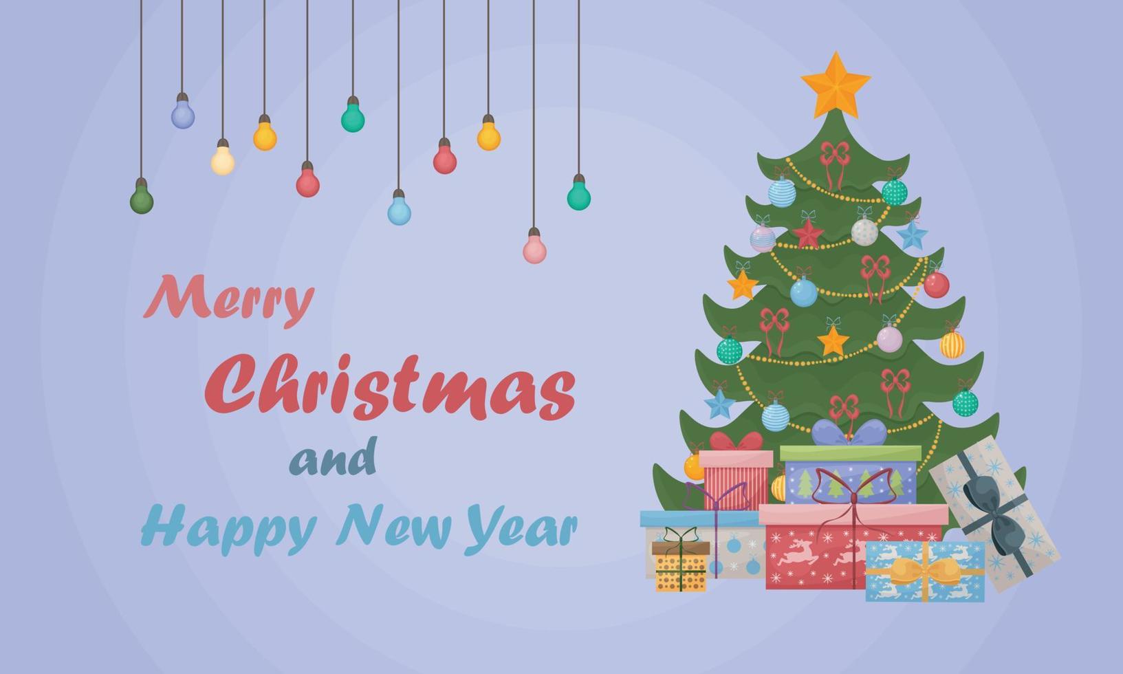 festivo Natale carta con un' immagine di un' Natale albero con i regali e colorato ghirlande. nuovo anno saluto carta. Stampa volantino, vettore illustrazione