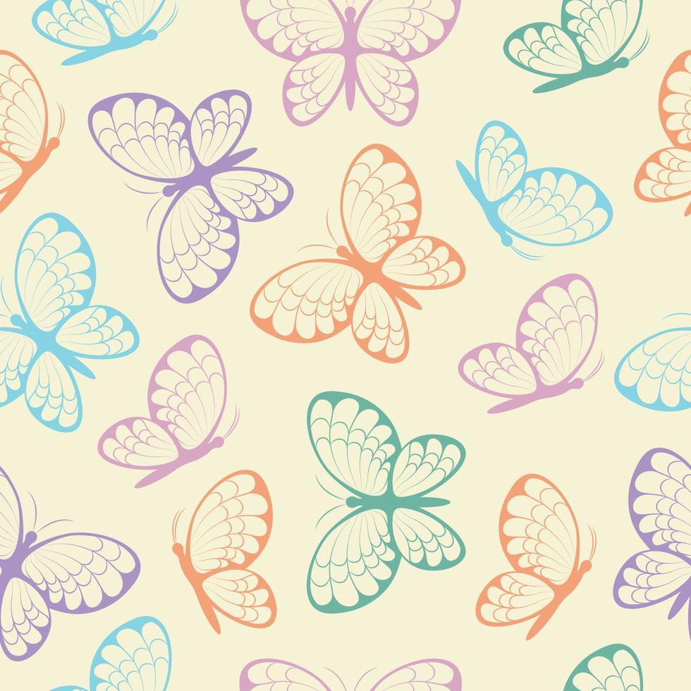 senza soluzione di continuità modello con farfalle. un' luminosa modello con il Immagine di multicolore farfalle, su un' beige sfondo. modello con farfalle, per Stampa e regalo avvolgere. vettore