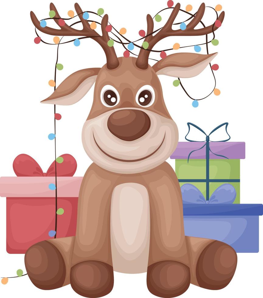 cervo. un' Natale cervo con ghirlande su suo corna circondato di regalo scatole. carino nuovo anno S cervo. vettore illustrazione su un' bianca sfondo.