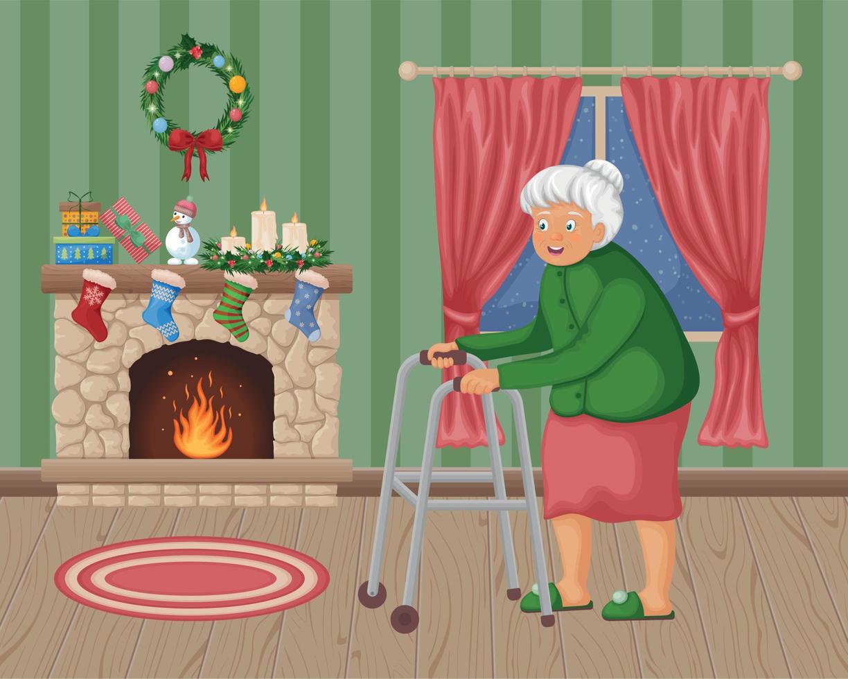 nonna nel il Natale interno. un' dolce vecchio signora è in piedi vicino il camino decorato con Natale Accessori. un anziano donna nel il camera. vettore illustrazione