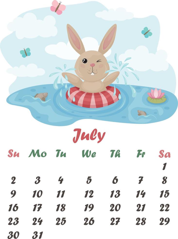 luglio è un' carino, felice, cartone animato coniglio. estate calendario. vettore illustrazione di un' coniglio. un' coniglio spruzzi nel il acqua, nel un' salvagente, contro un' chiaro cielo, pesce e acqua gigli