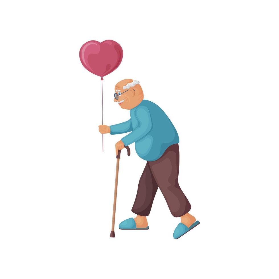 Nonno con un' Palloncino. carino Nonno con un' Palloncino nel il suo mani. un anziano uomo detiene un' Palloncino nel il forma di un' cuore. vettore illustrazione nel cartone animato stile