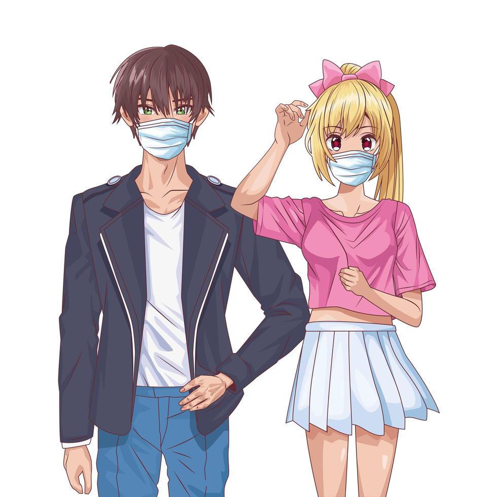 giovane coppia utilizzando maschere per il viso personaggi anime vettore