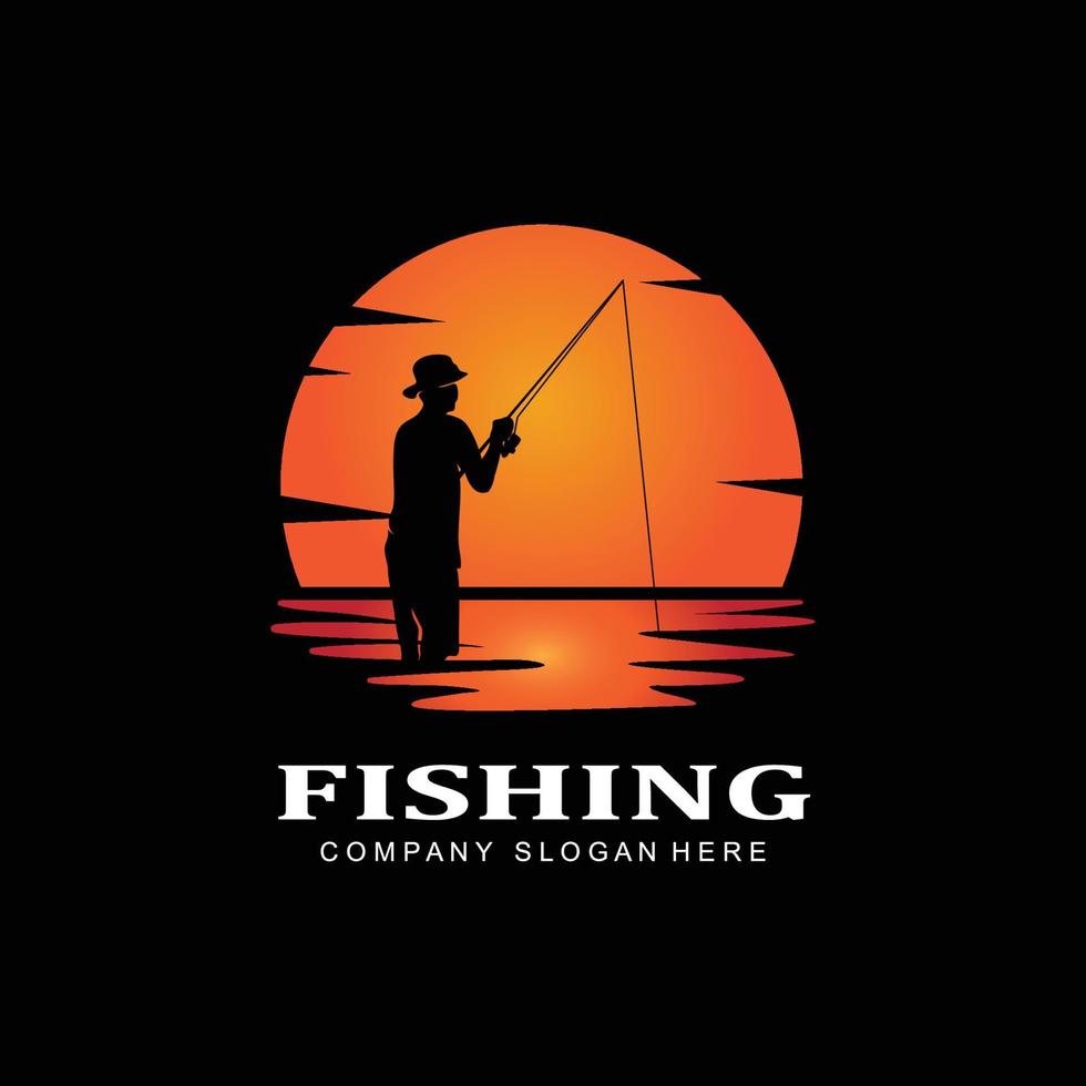 vettore icona logo pesca, pescare pesce sulla barca, design silhouette tramonto all'aperto