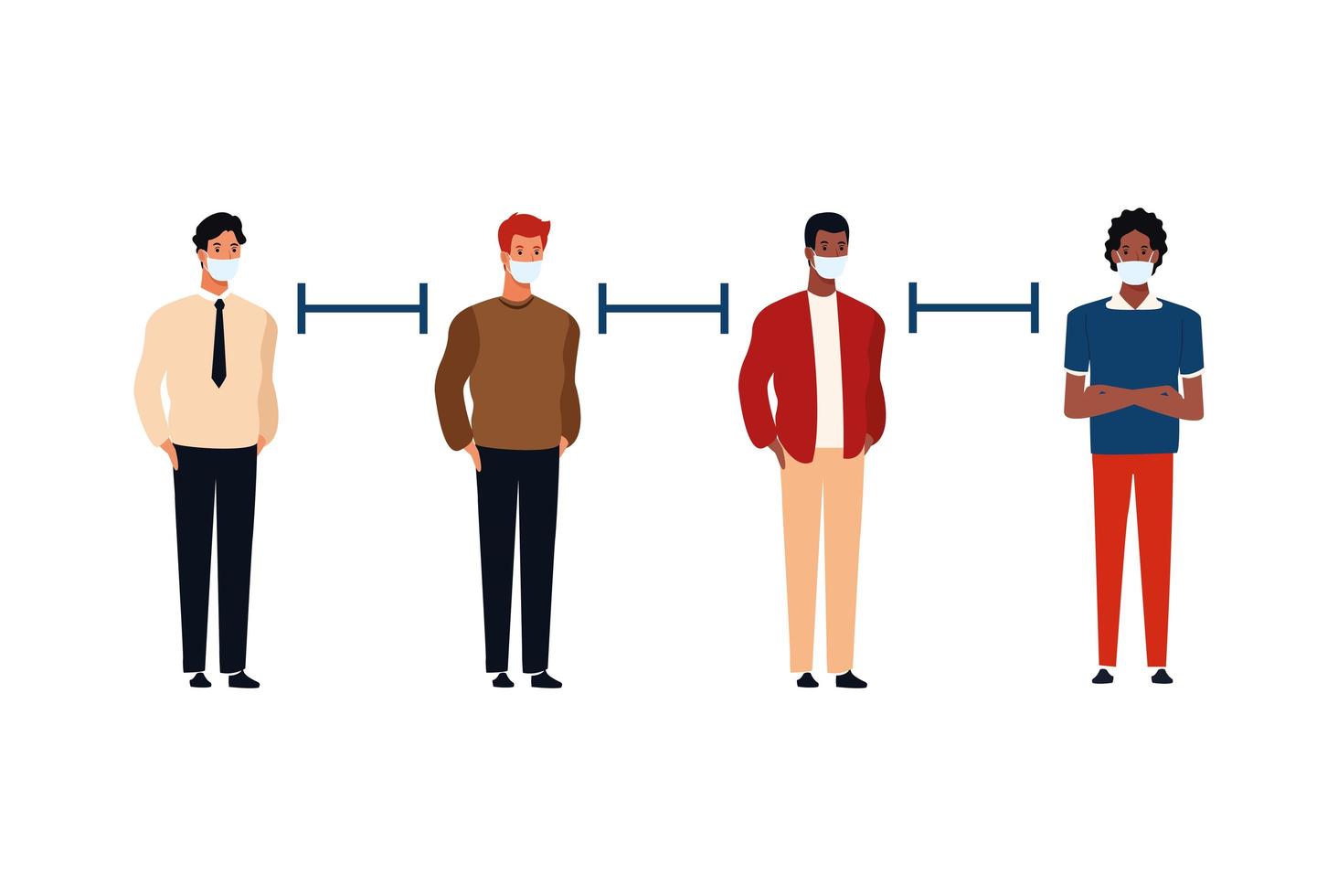 uomini che usano maschere facciali per covid19 con distanza sociale vettore