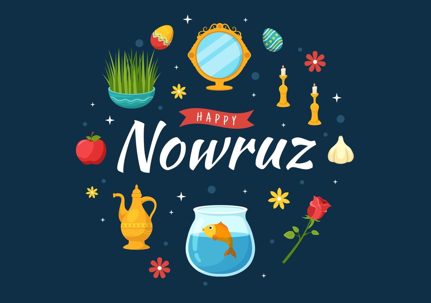 contento Nowruz giorno o iraniano nuovo anno illustrazione con erba semeni e pesce per ragnatela bandiera o atterraggio pagina nel piatto cartone animato mano disegnato modelli vettore