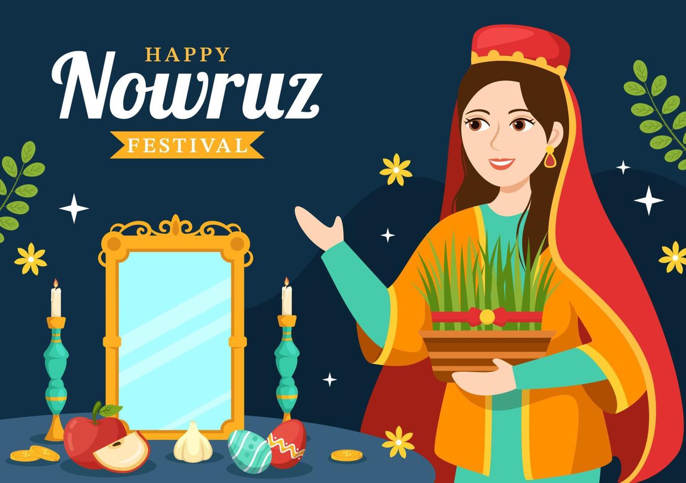 contento Nowruz giorno o iraniano nuovo anno illustrazione con erba semeni e pesce per ragnatela bandiera o atterraggio pagina nel piatto cartone animato mano disegnato modelli vettore