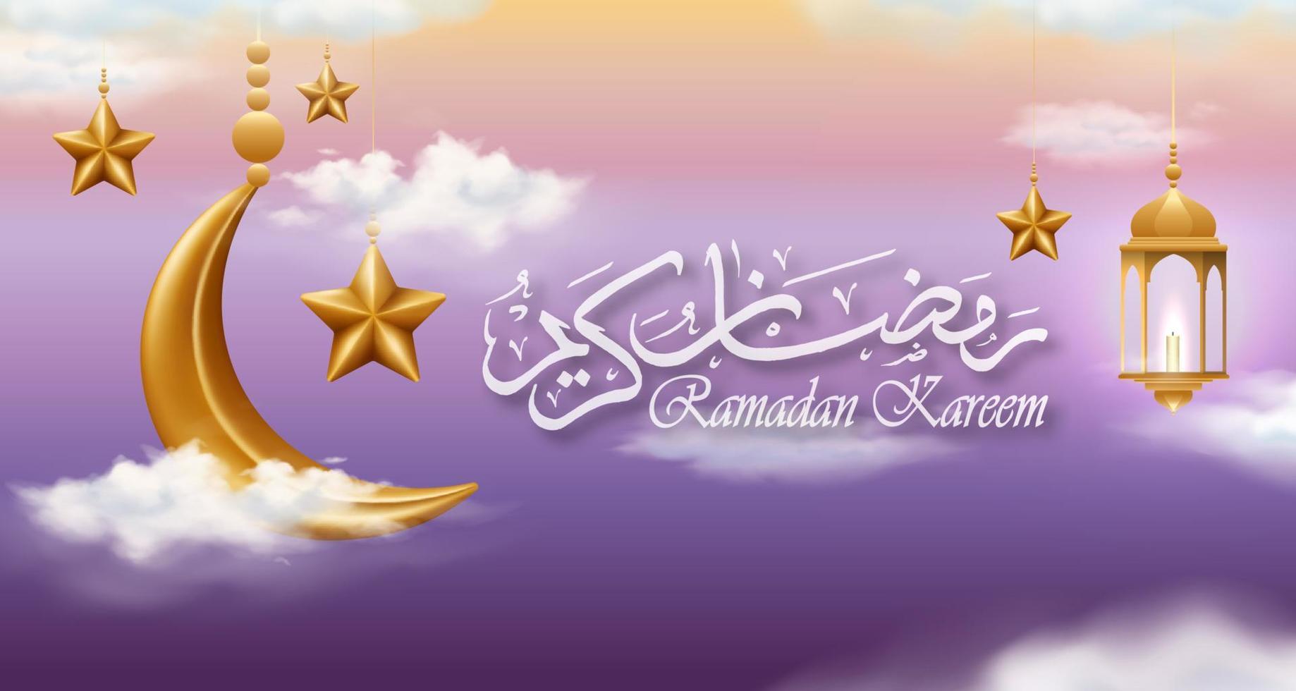 Ramadan kareem striscione. islamico saluto carta con d'oro decorazione, Luna. stelle, lanterne e nuvole. isolato su naturale occhiali da sole sfondo. 3d vettore illustrazione