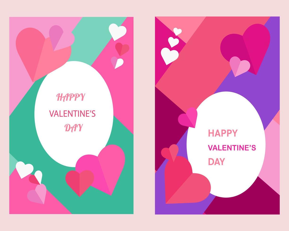 Due cartoline contento San Valentino giorno. diverso colori di cuori. congratulazioni. amore. carta. vettore design.
