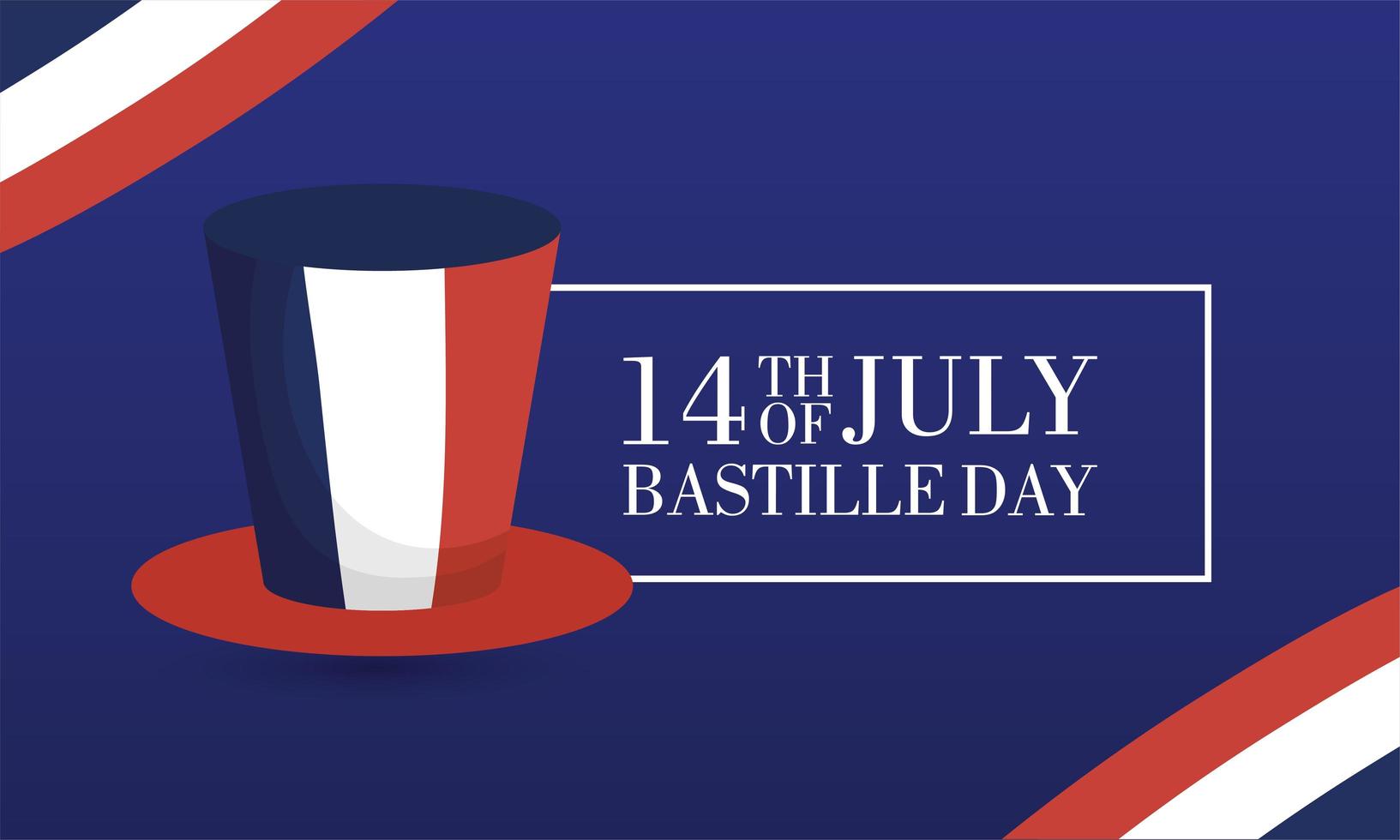 carta di celebrazione del giorno della bastiglia con bandiera francese e cappello a cilindro vettore