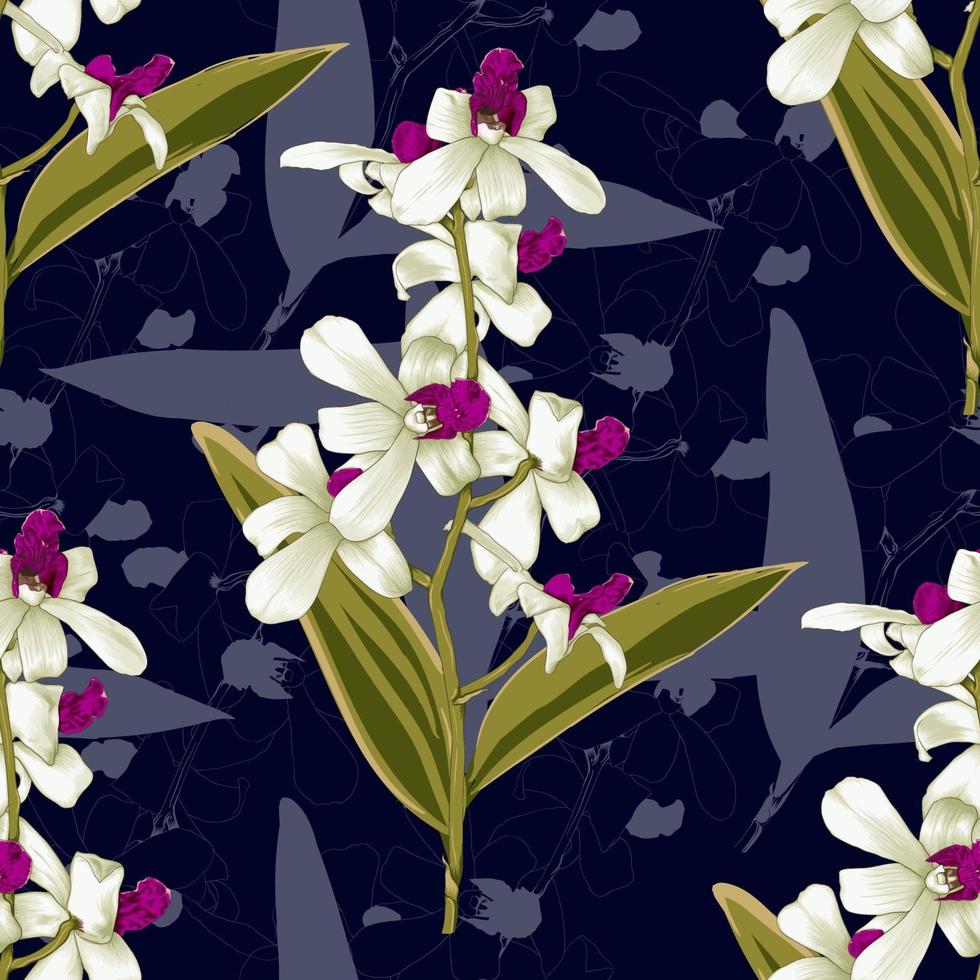 fiori di orchidea rosa-bianchi botanici senza cuciture su fondo blu scuro astratto. illustrazione vettoriale disegno stile acquerello. per carta da parati usata, tessuto tessile o carta da imballaggio.