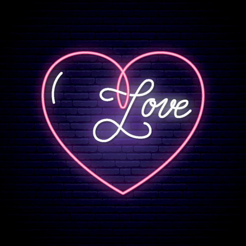 insegna al neon, la parola amore con il cuore sul muro di mattoni scuri. vettore