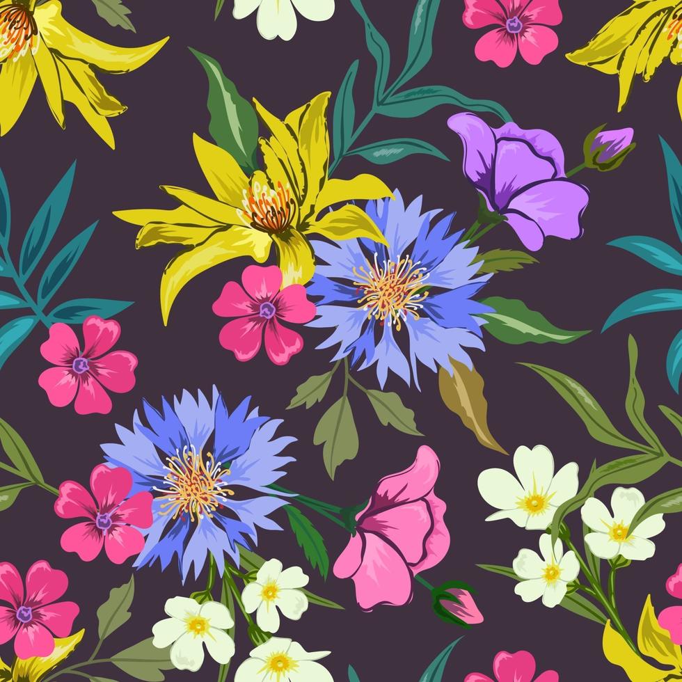 seamless colorato con disegno floreale botanico su sfondo scuro. vettore