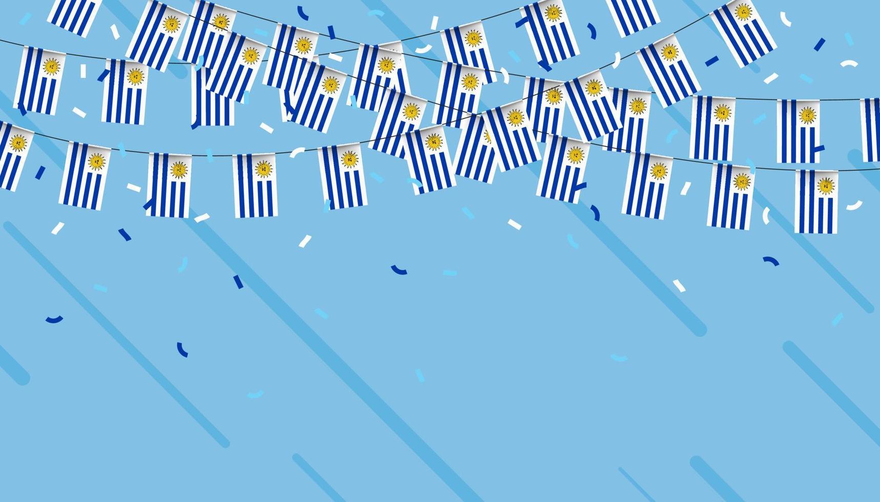 Uruguay celebrazione pavese bandiere con coriandoli e nastri su blu sfondo. vettore illustrazione.