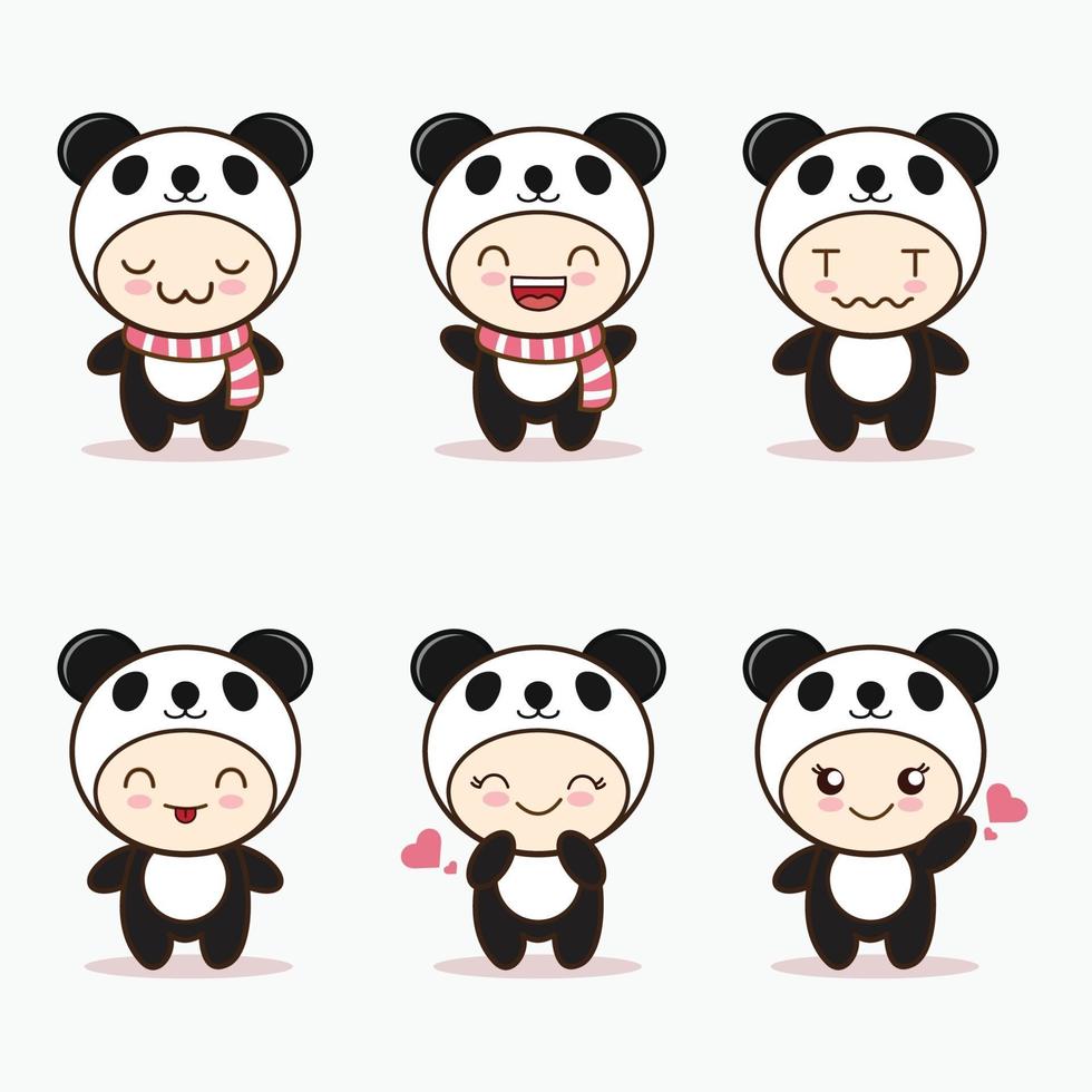 simpatica mascotte panda con vari tipi di espressioni insieme di set vettore