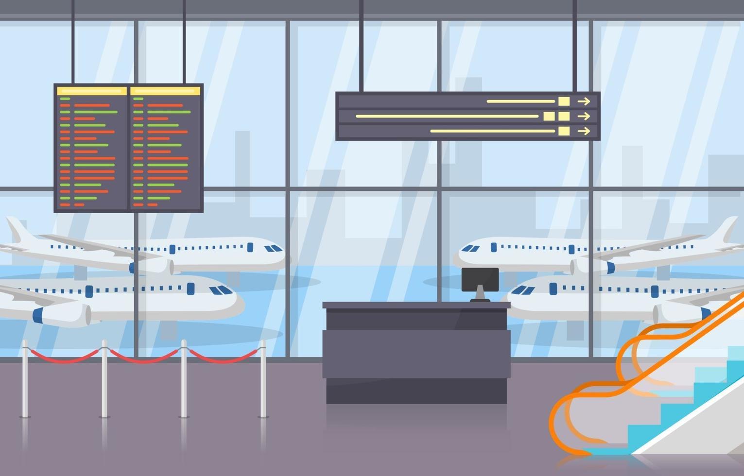 illustrazione piana interna del corridoio di partenza di arrivo del cancello del terminal dell'aeroplano dell'aeroporto vettore