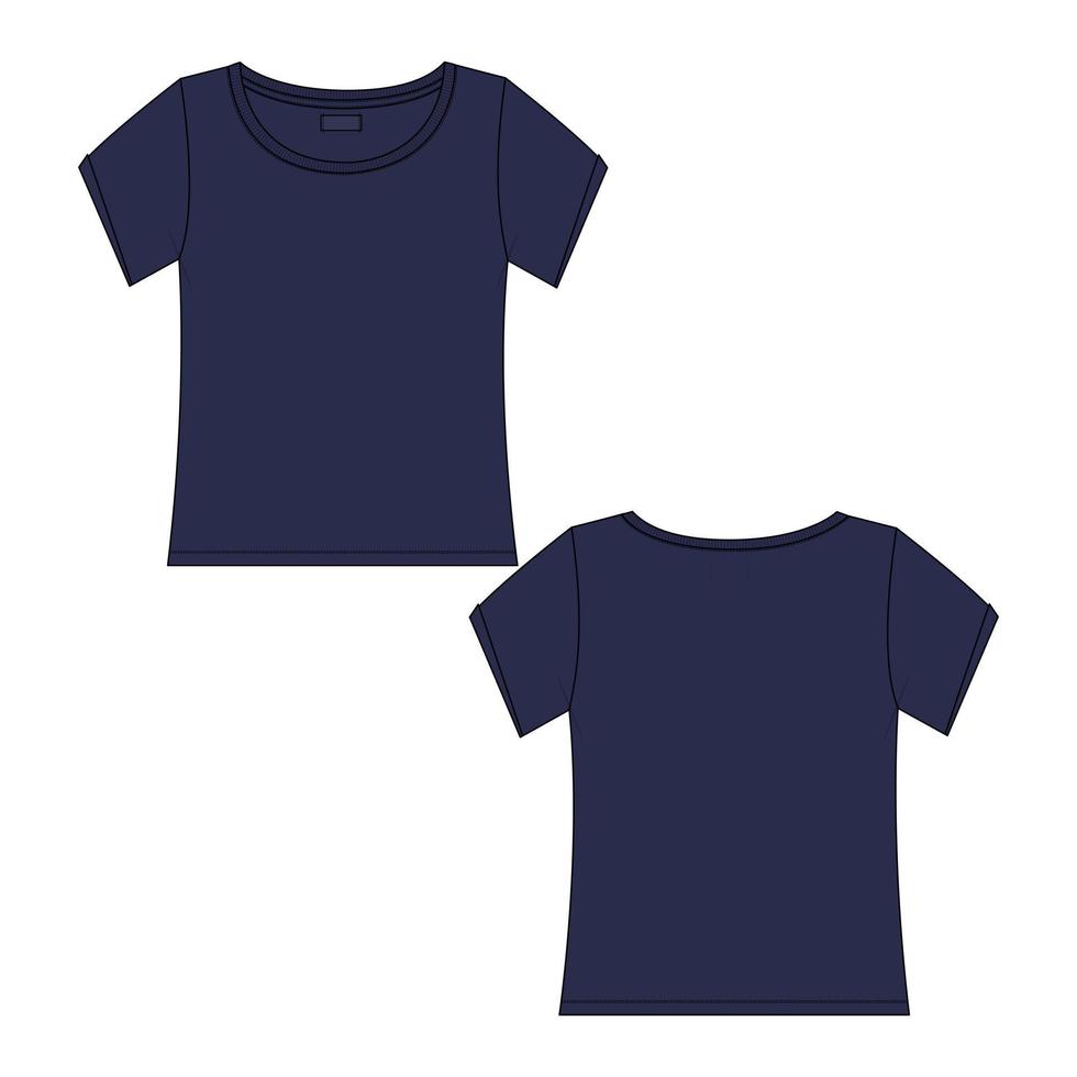 manica corta vestibilità regolare t-shirt di base tecnica moda schizzo piatto illustrazione vettoriale modello di colore blu navy per le donne.