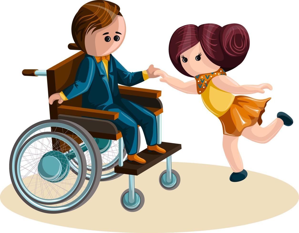 immagine vettoriale di una ragazza che balla con un ragazzo in sedia a rotelle. stile cartone animato.