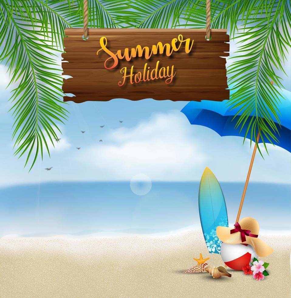 estate vacanza sfondo con un' di legno cartello per testo e spiaggia elementi vettore