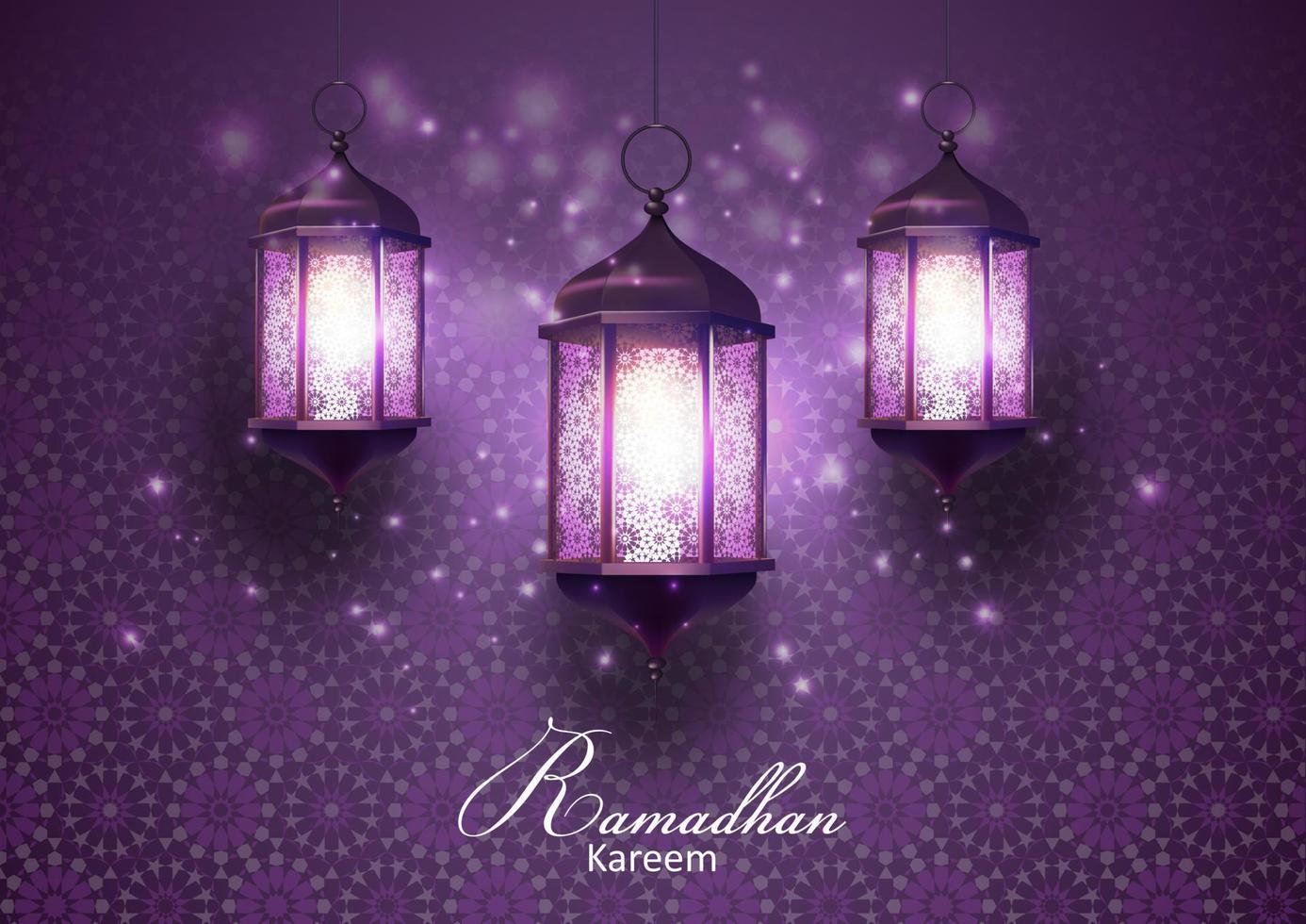 Ramadan kareem saluti carta con lanterne sospeso nel un' buio raggiante sfondo vettore