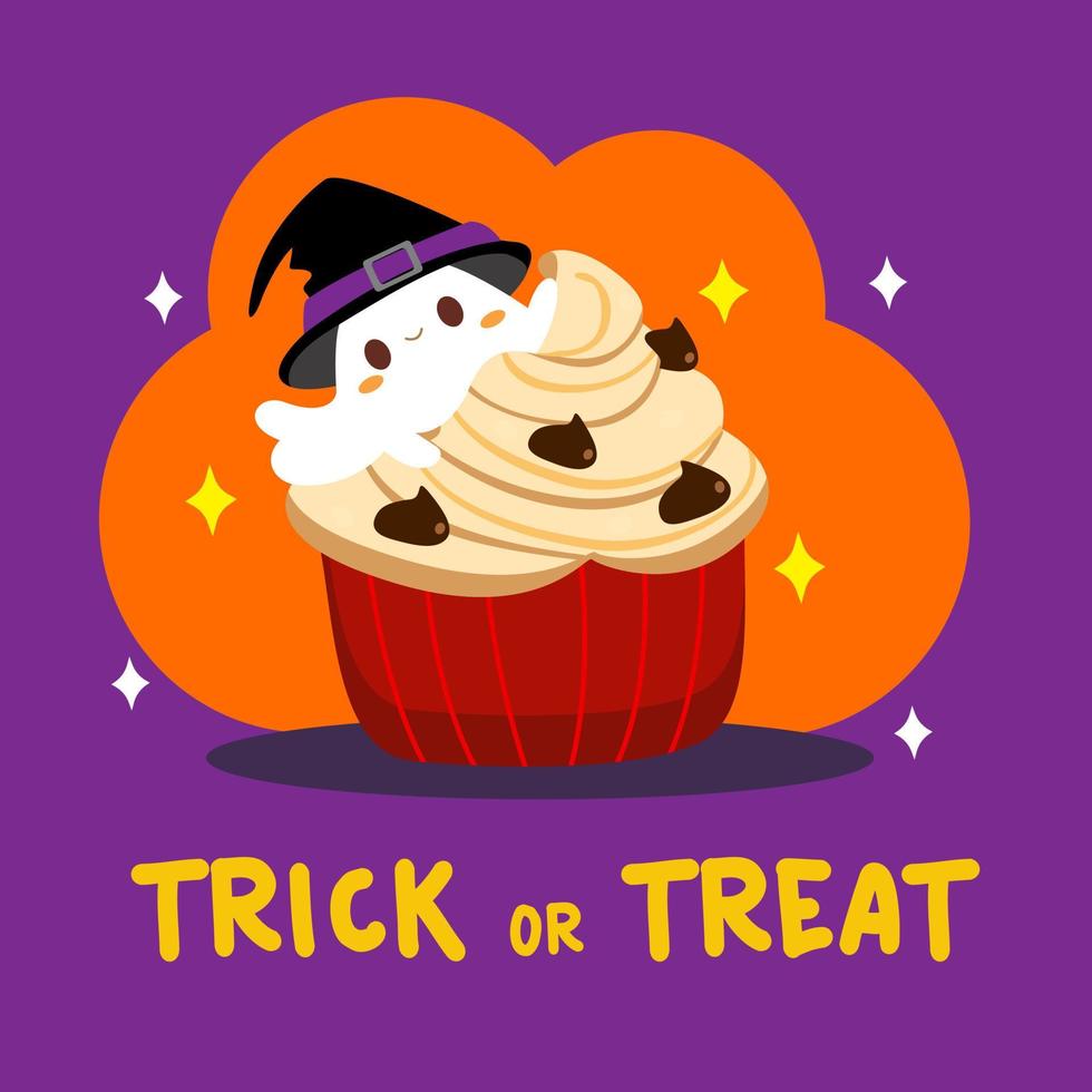 carino Halloween Cupcake cartoon.trick o trattare.vettore illustion.kawaii Halloween concetto.casa fatto e fresco al forno dolce e dolce. vettore