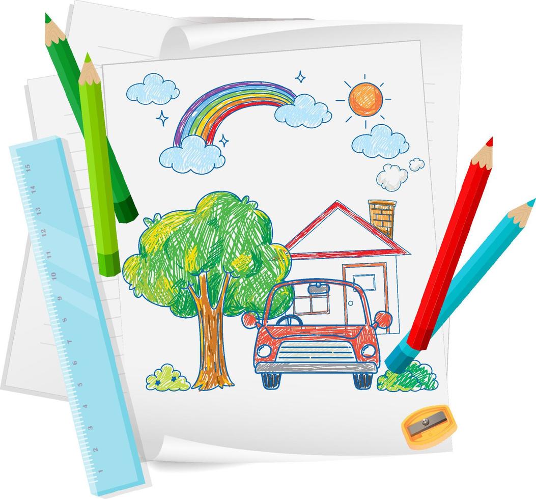 una carta con un disegno di schizzo di doodle con colori e matite colorate vettore