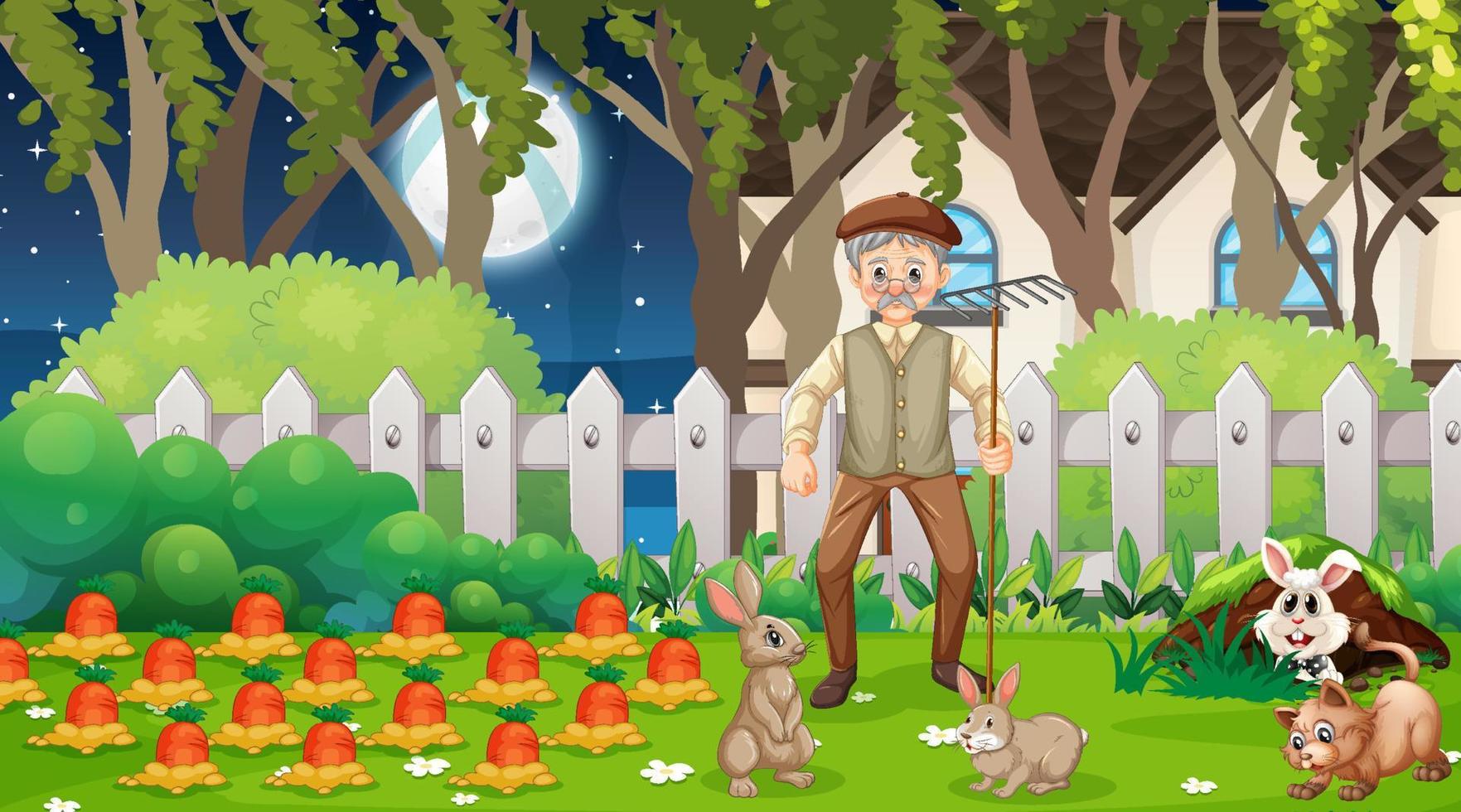 vecchio uomo con conigli nel giardino vettore