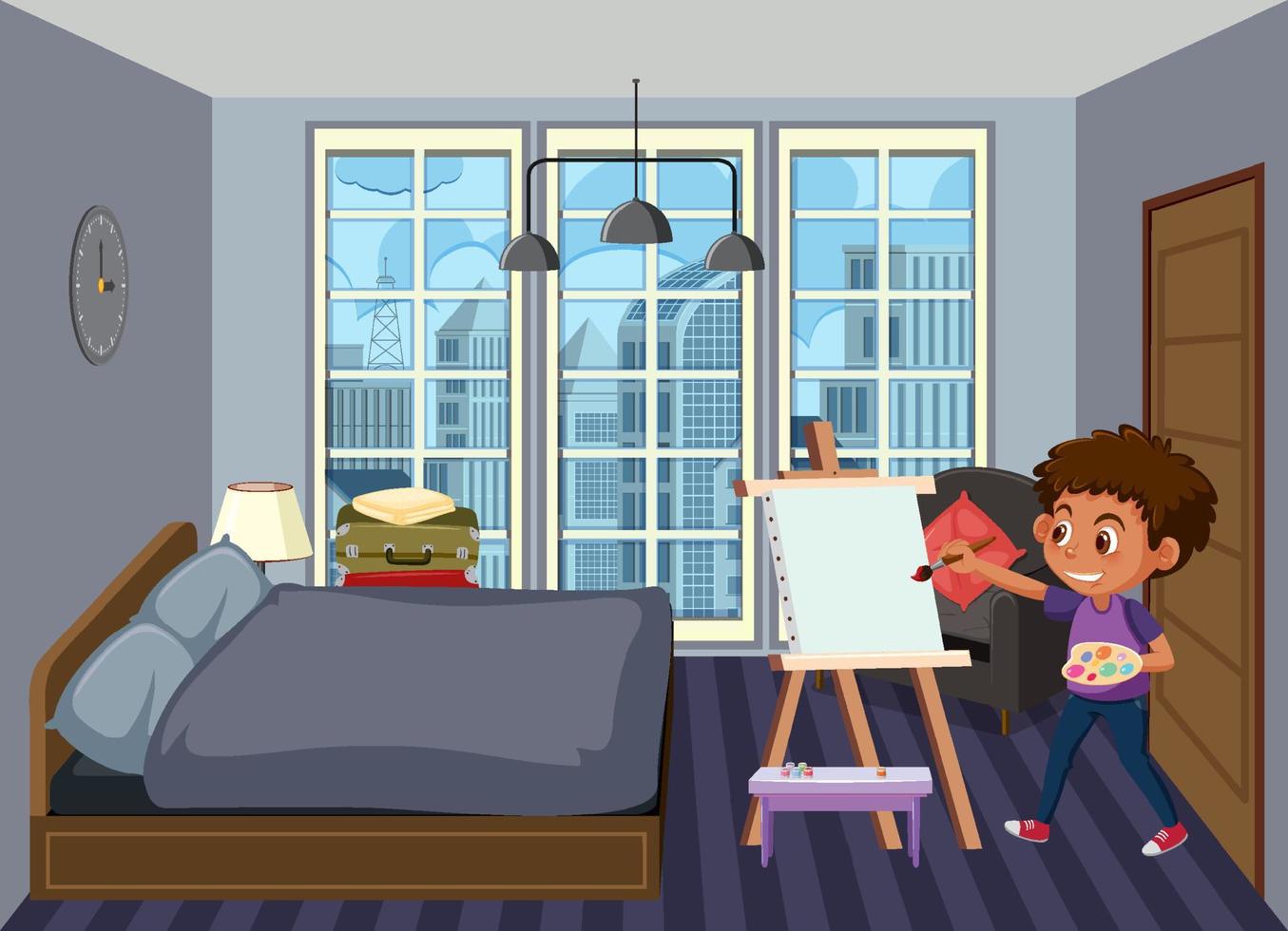 scena della camera da letto con il personaggio dei cartoni animati dei bambini vettore