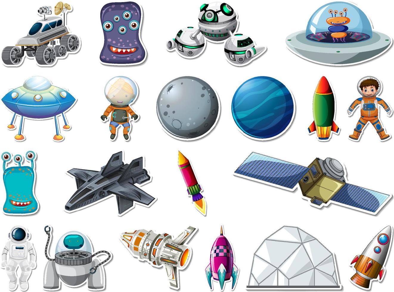 set di adesivi di oggetti spaziali e astronauti vettore