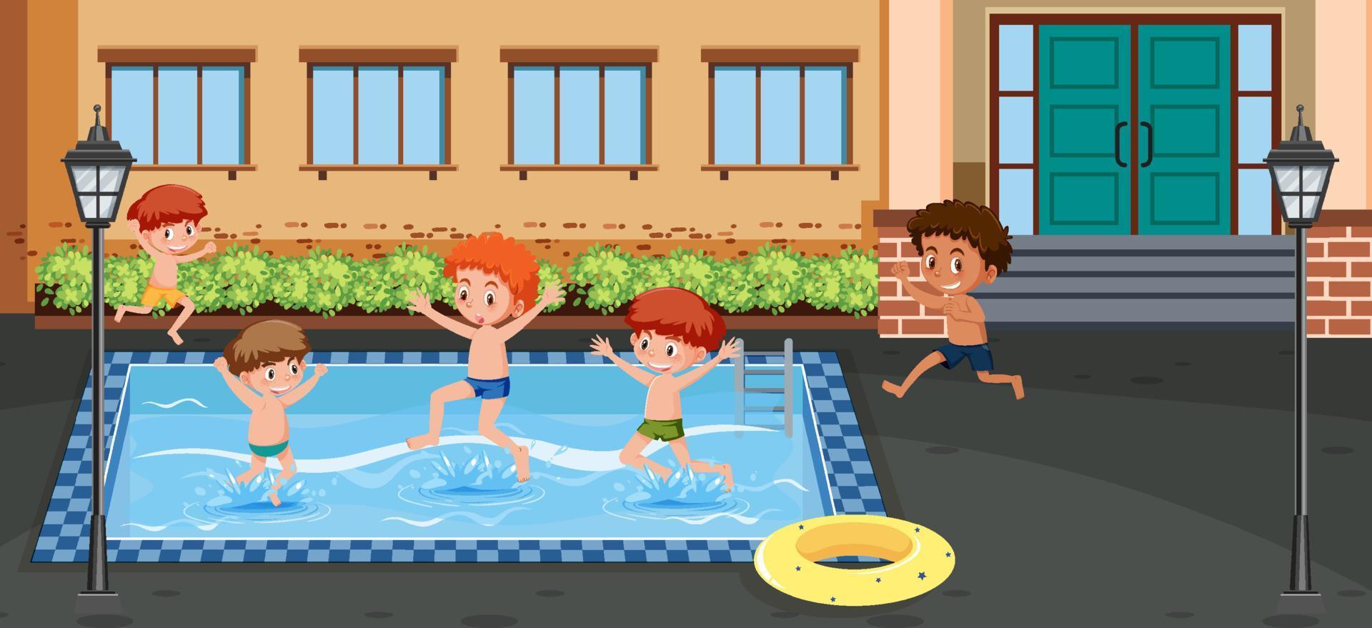 scena della piscina all'aperto con bambini vettore