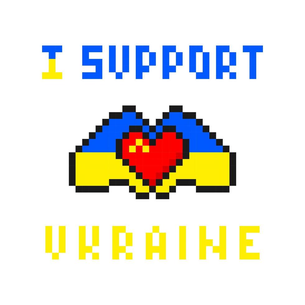 io supporto Ucraina pixel arte. blu giallo mani hold cuore chiamata per Aiuto e simpatia per Ucraina. speranza per pace e supporto di il totale vettore mondo