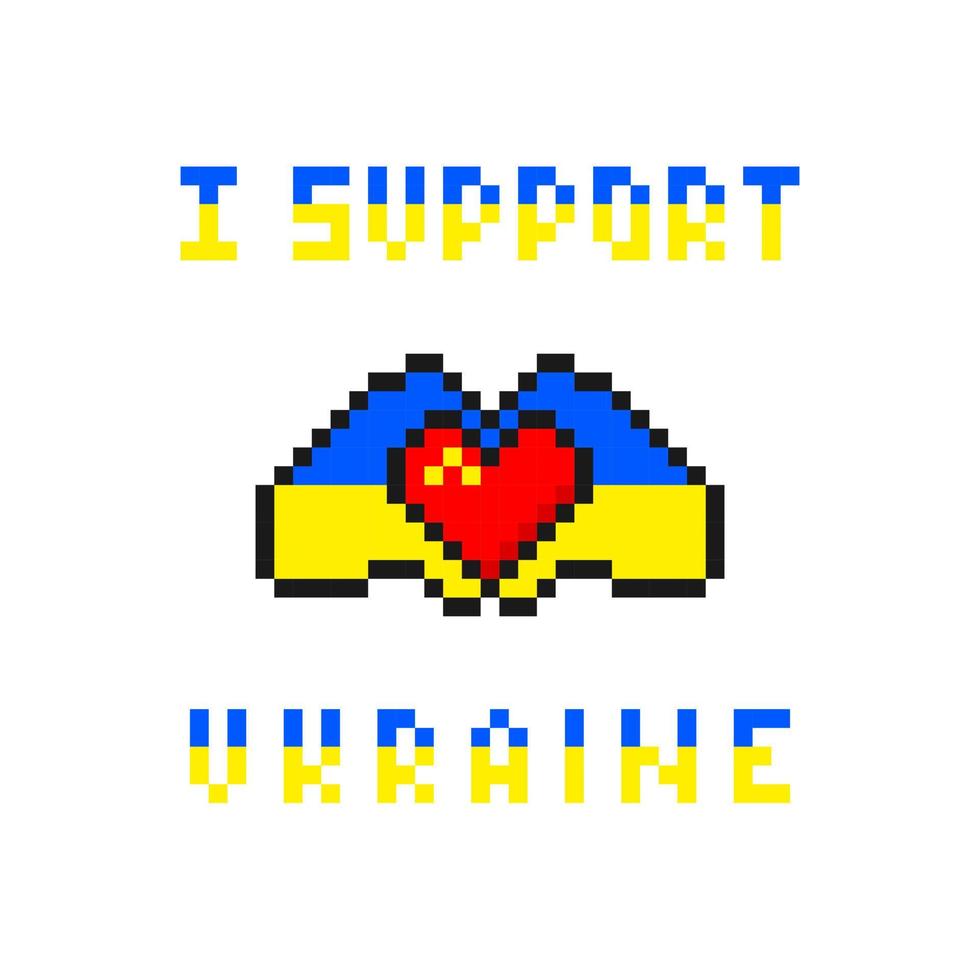 io supporto Ucraina pixel. giallo blu mani hold cuore chiamata per Aiuto e simpatia per Ucraina. speranza per pace e supporto di il totale vettore mondo