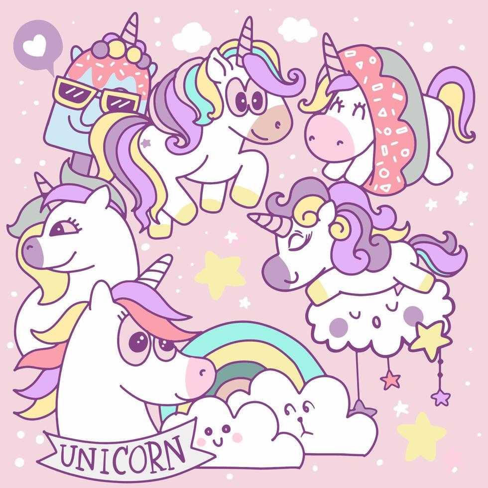 carino Magia collezione con unicorno, arcobaleno, Fata Ali vettore