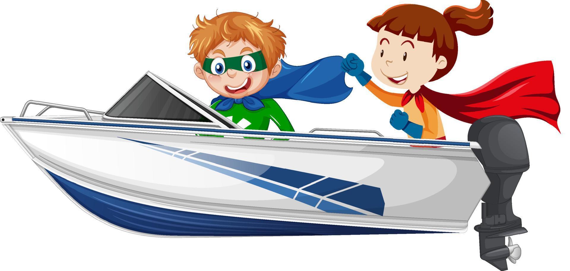 un' eroe ragazzo e ragazza seduta su un' velocità barca su un' bianca sfondo vettore